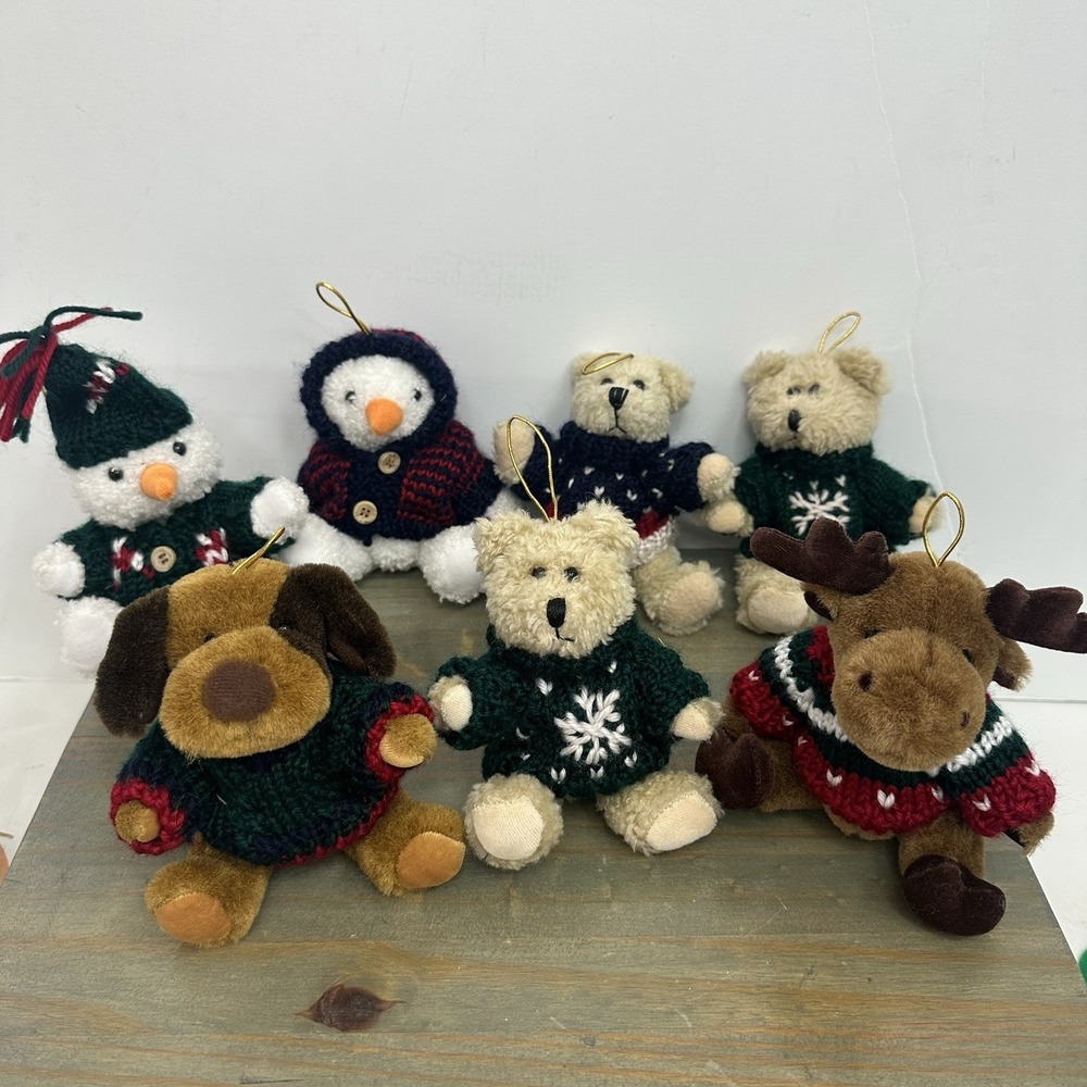 Lot Of 7 Vintage Hugfun Plush Christmas Ornaments Teddy Bear Puppy Moose Y2K